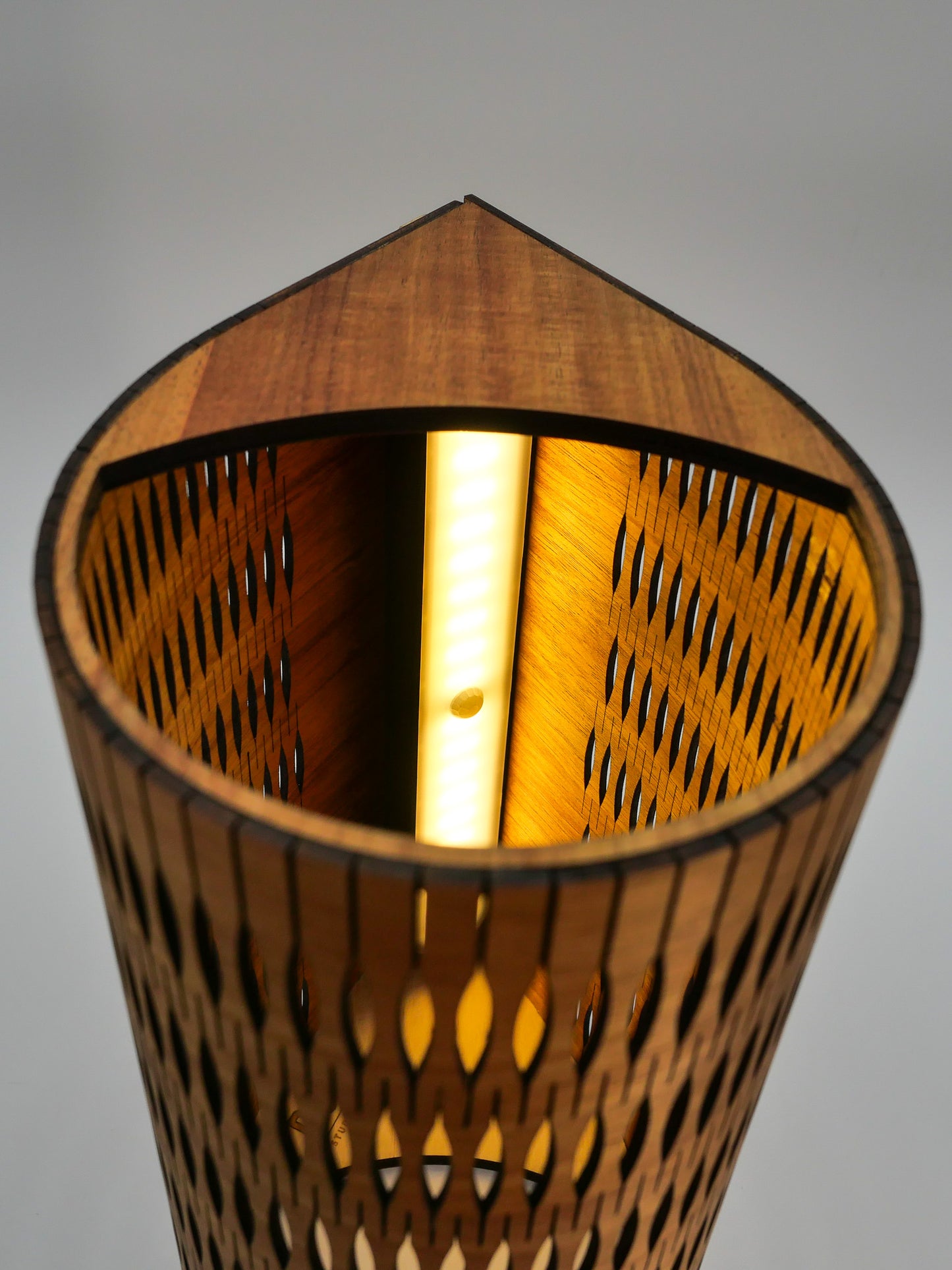 Droplet Cordless Lamp Tall in Blackwood timber inside view showing lightbar