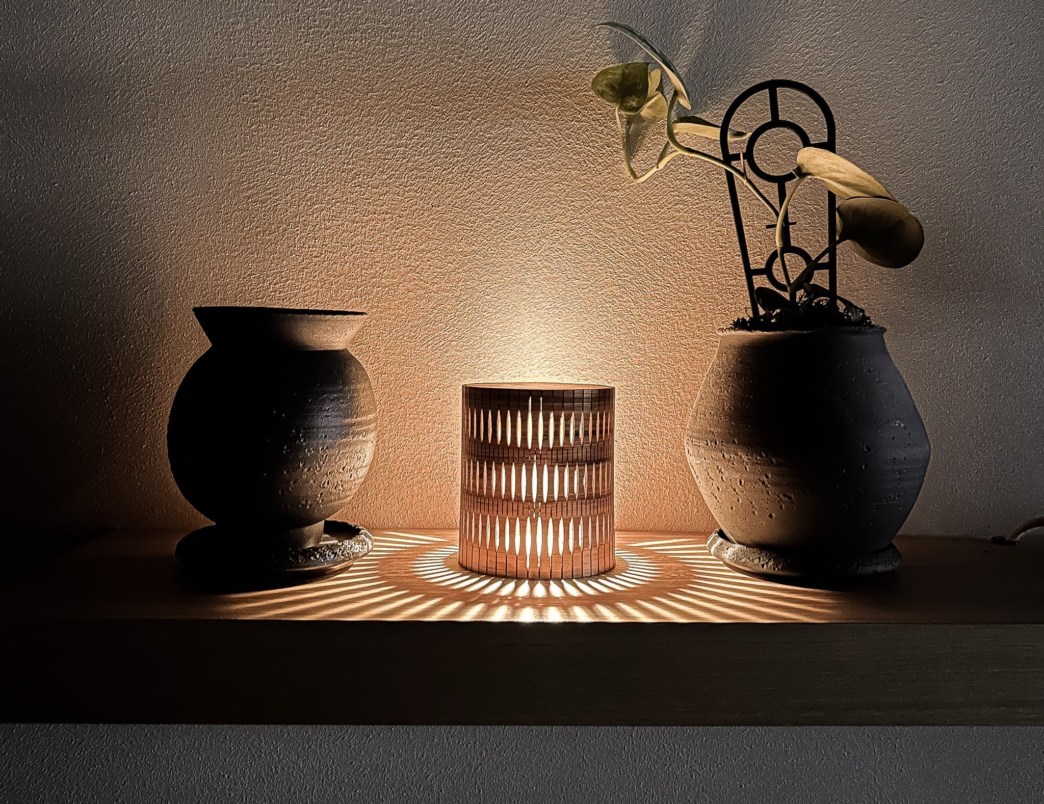 Bubble lamp on a shelf with pot and plant