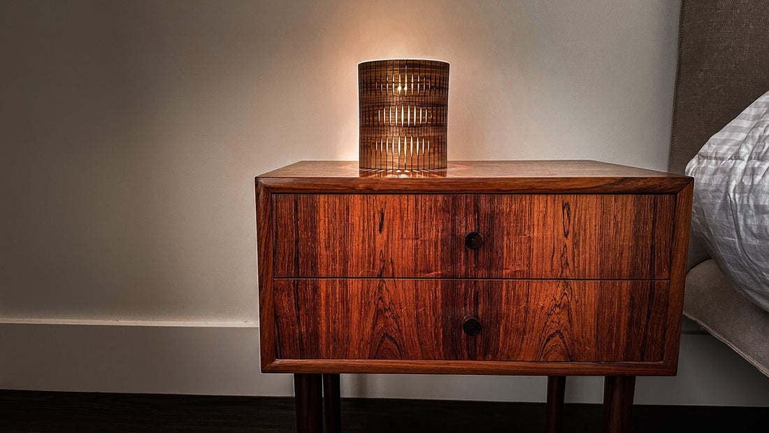 Bubble Lamp in Blackwood timber on timber bedside table