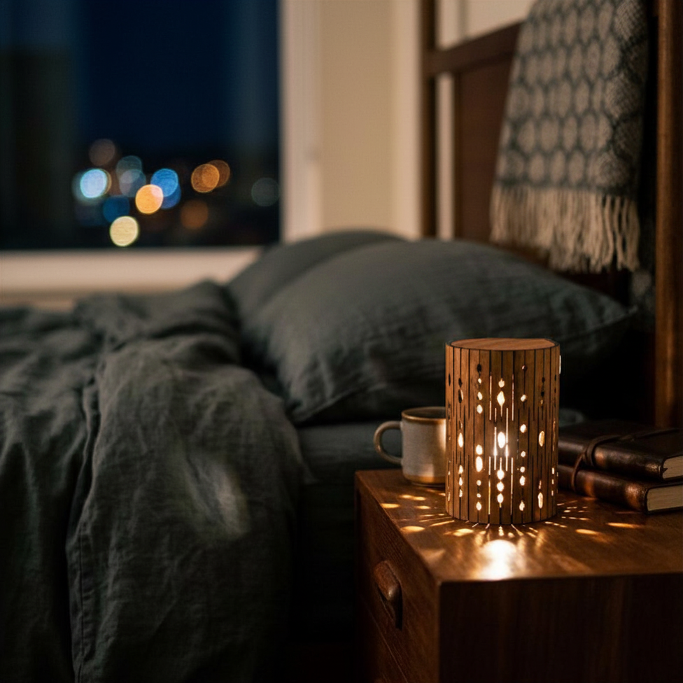 Bedside scene with cafe lamp in blackwood timber