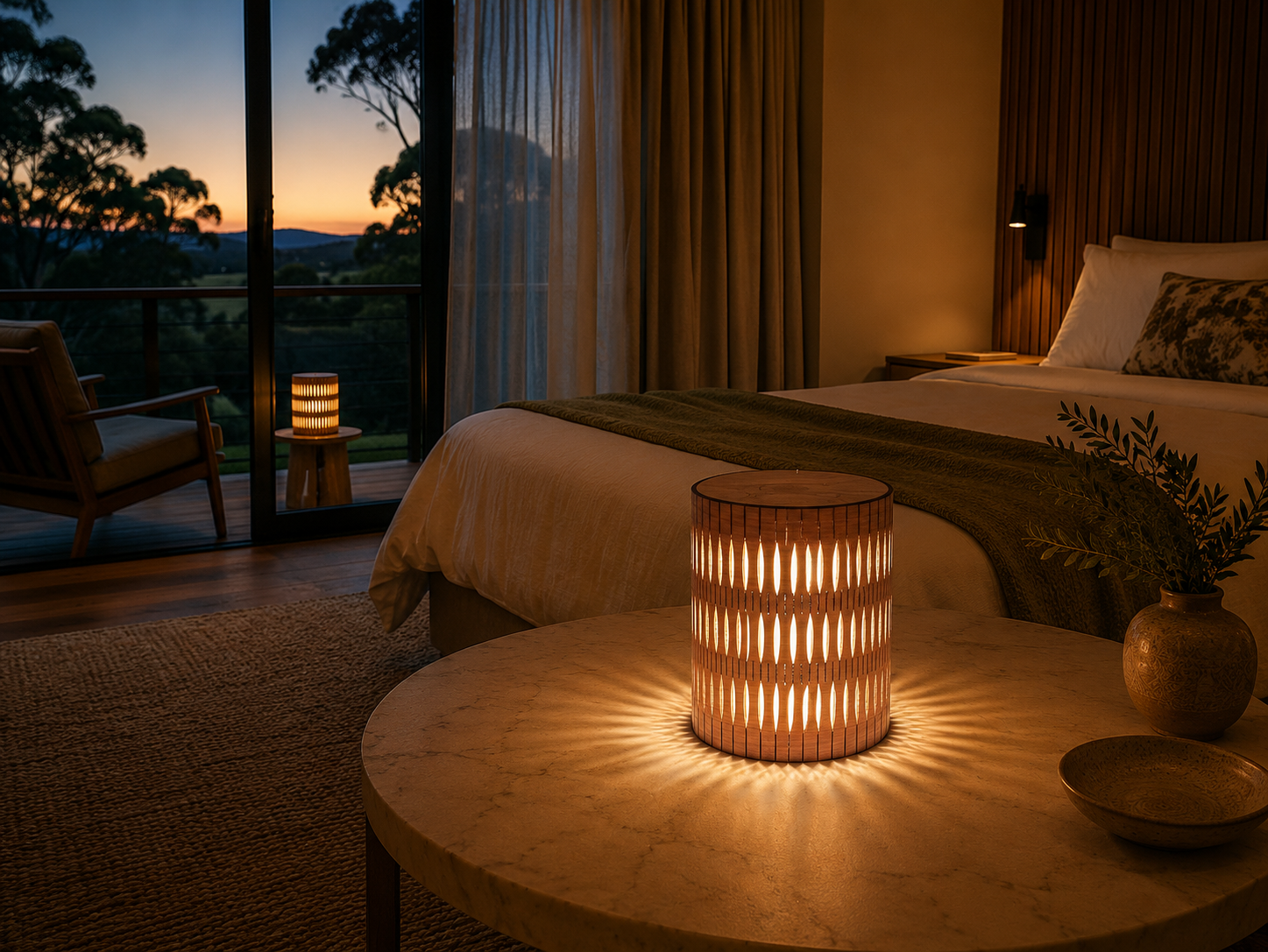 Cozy bedroom with mood lamp on a table, bed, and balcony view.