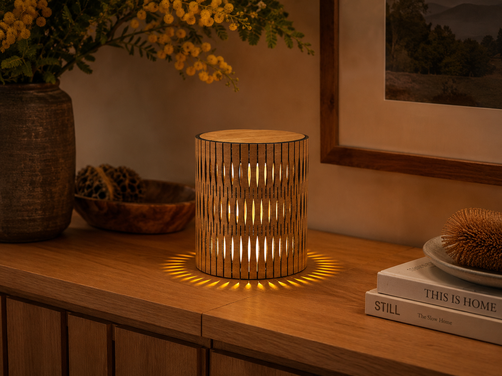 Wooden Portable Bubble table lamp on a wooden surface with decorative items and a painting in the background.