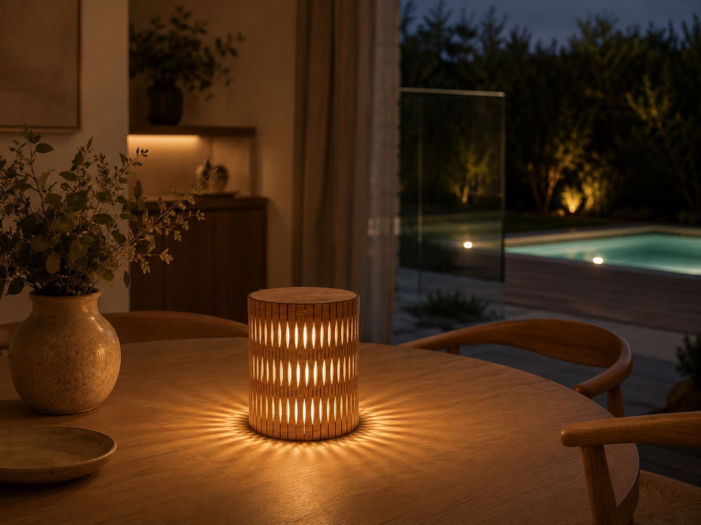 Luminous bubble lamp on a table with a pool and garden view in the background