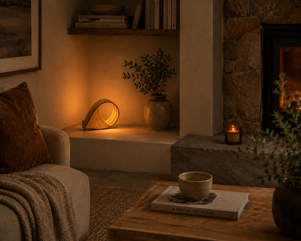 Cozy living room with a Portable Droplet Lamp, fireplace, books, and a plant