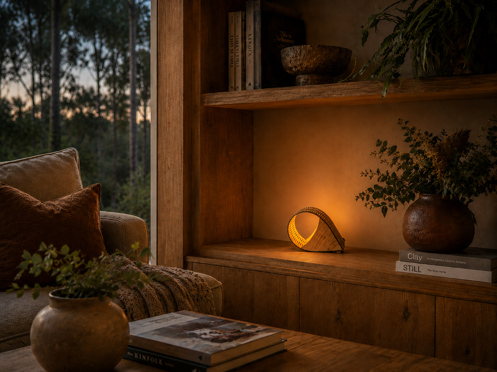 Cozy living room with wooden shelves, books, and plants, featuring a warm light.