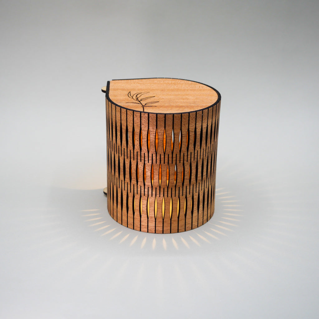 Wooden bubble lamp with a unique design on a gray background