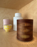 Wooden Bubble Lamp lantern with slats and warm glow