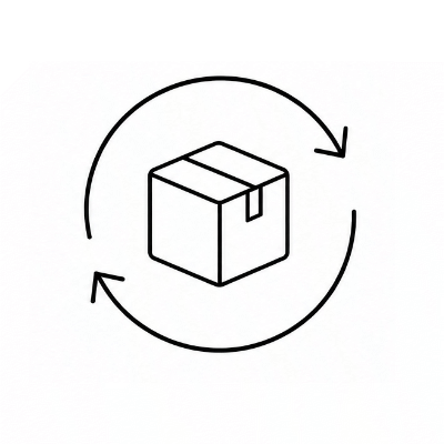 A simple black line icon of a cardboard box centered inside a circular arrow on a plain white background.
