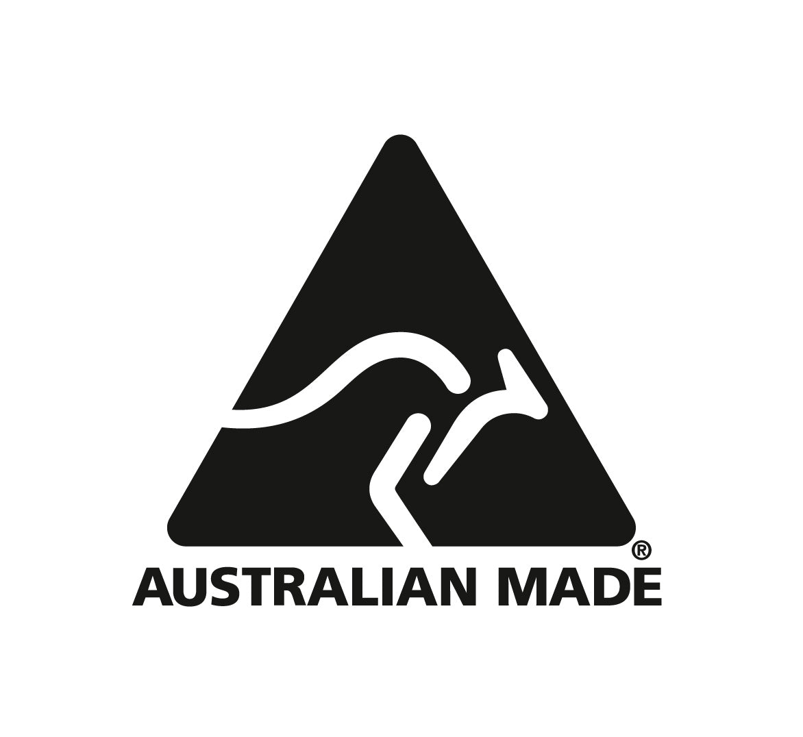 Black triangle with kangaroo design and 'Australian Made' text on a white background