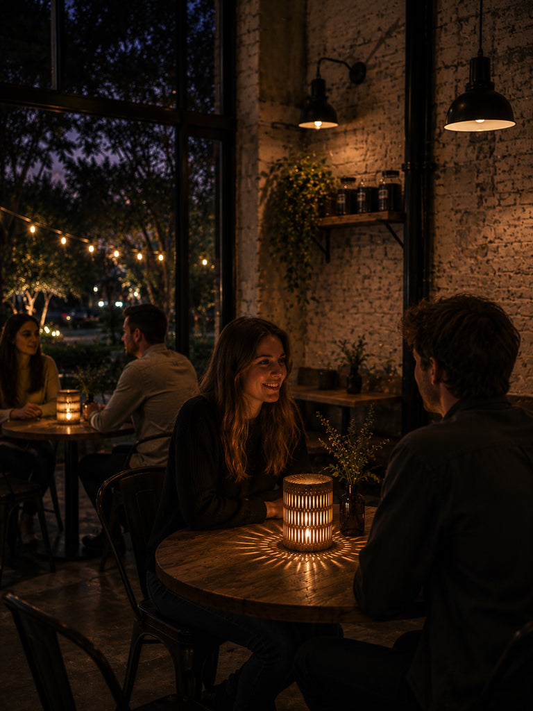 People sitting at a table in a dimly lit outdoor restaurant setting.