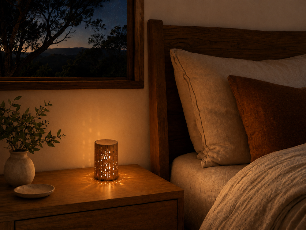 Cozy bedroom scene with a cafe lamp on a nightstand, pillows on a bed, and a window view of mountains.
