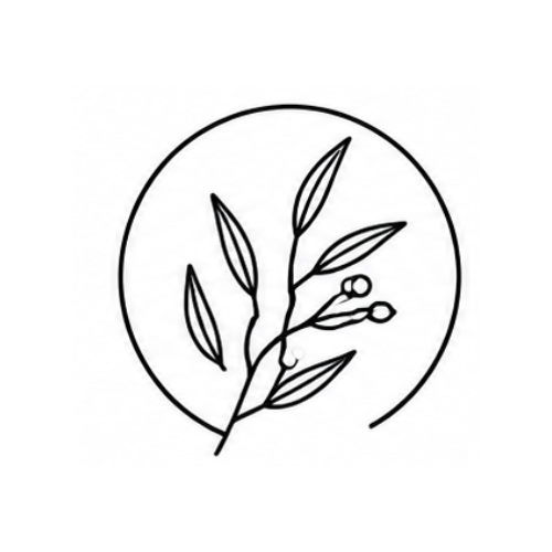 A minimalist black line art logo featuring a stylized botanical branch with leaves and small berries inside a partial circle.